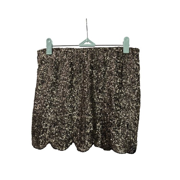 English Rose Gold Sequin Mini Skirt Scalloped Hem Size S Elastic Waist - Picture 2 of 4